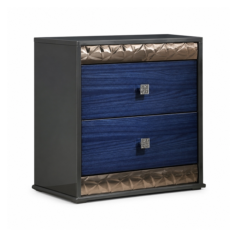 3pc King Bedroom Set- Ash Gray- Indigo Blue- Chrome Wood- 2 Nightstands