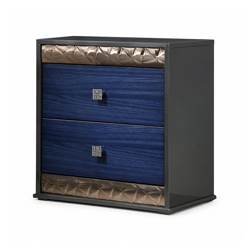 3pc King Bedroom Set- Ash Gray- Indigo Blue- Chrome Wood- 2 Nightstands