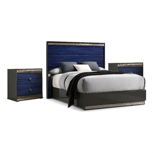 3pc King Bedroom Set- Ash Gray- Indigo Blue- Chrome Wood- 2 Nightstands