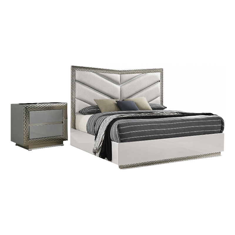 2pc King Bedroom Set- Gray- Silver Wood- Nightstand