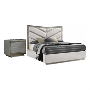 2pc King Bedroom Set- Gray- Silver Wood- Nightstand