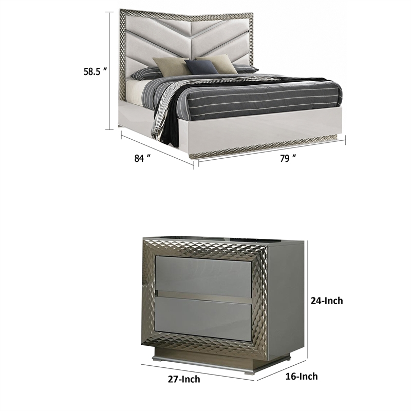 3pc King Bedroom Set- Gray- Silver Wood- 2 Nightstands