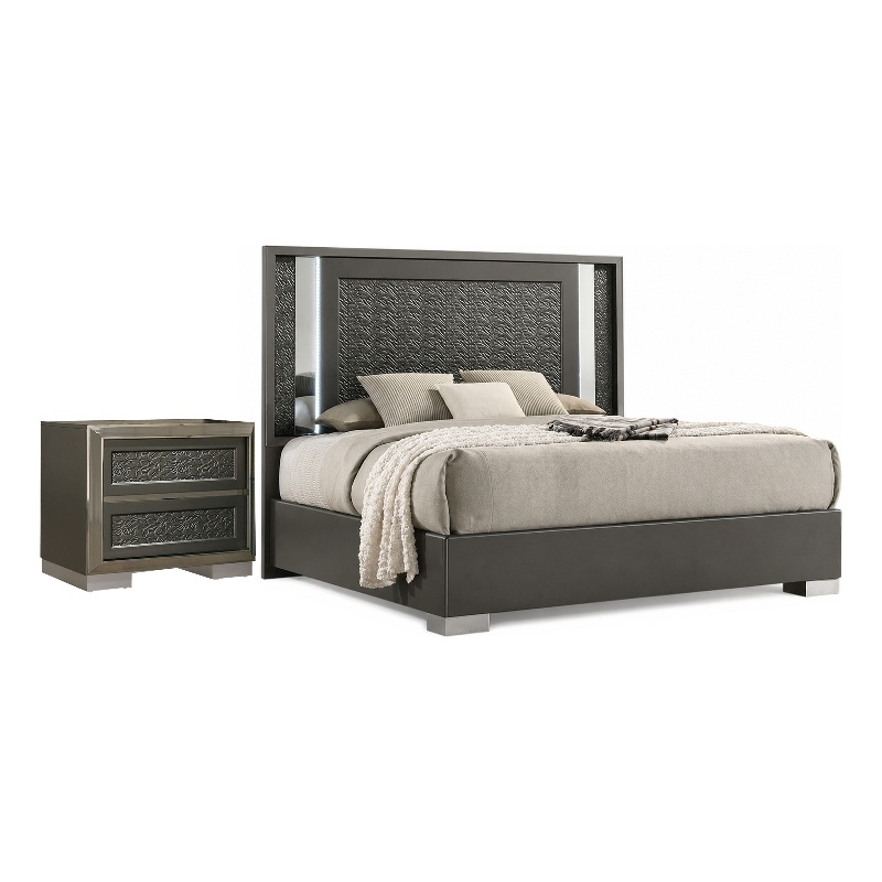 2pc King Bedroom Set- Gray- Dark Gray- Taupe Gray- White Wood- Nightstand