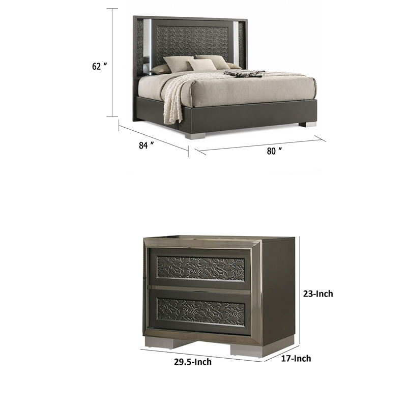 3pc King Bedroom Set- Dark Gray- Taupe Gray- White Wood- 2 Nightstands