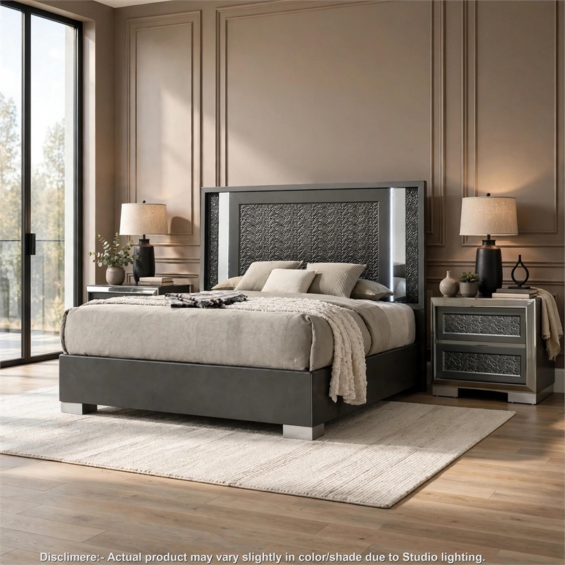 3pc King Bedroom Set- Dark Gray- Taupe Gray- White Wood- 2 Nightstands