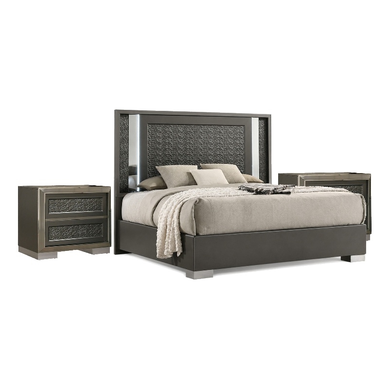 3pc King Bedroom Set- Dark Gray- Taupe Gray- White Wood- 2 Nightstands