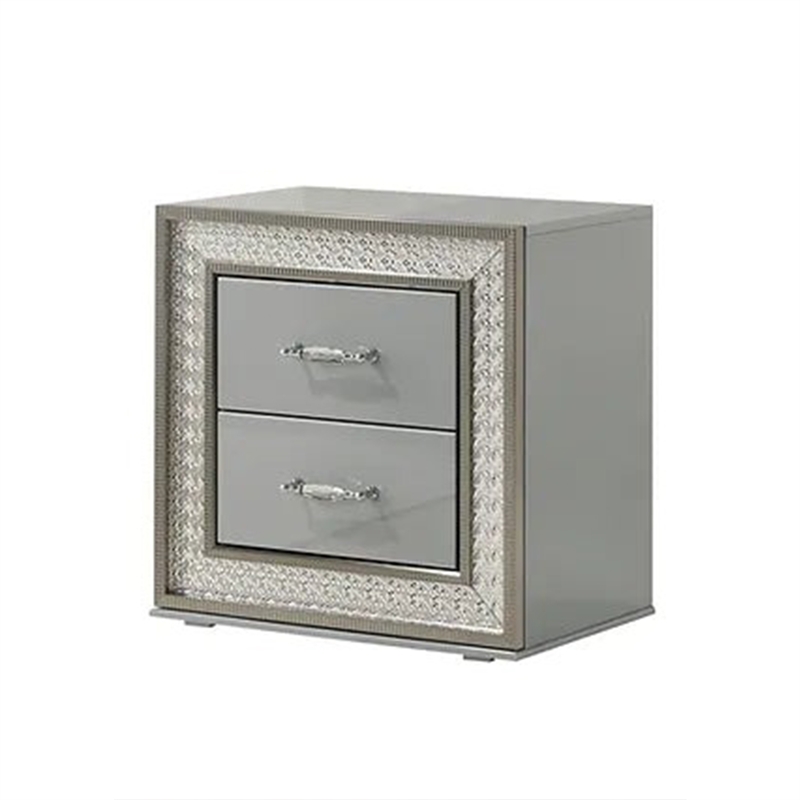 2pc King Bedroom Set- Metallic Gray- Silver Wood- Nightstand