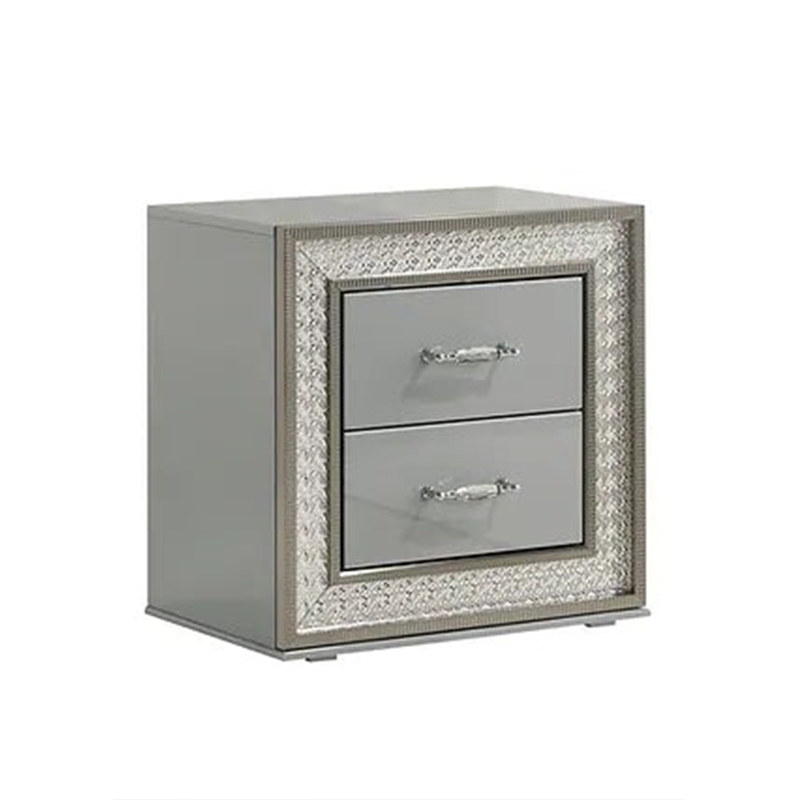 2pc King Bedroom Set- Metallic Gray- Silver Wood- Nightstand