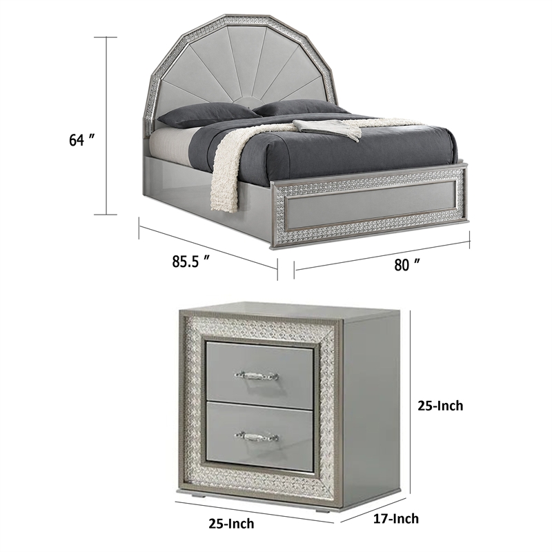 2pc King Bedroom Set- Metallic Gray- Silver Wood- Nightstand