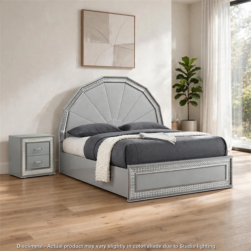 2pc King Bedroom Set- Metallic Gray- Silver Wood- Nightstand