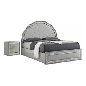2pc King Bedroom Set- Metallic Gray- Silver Wood- Nightstand