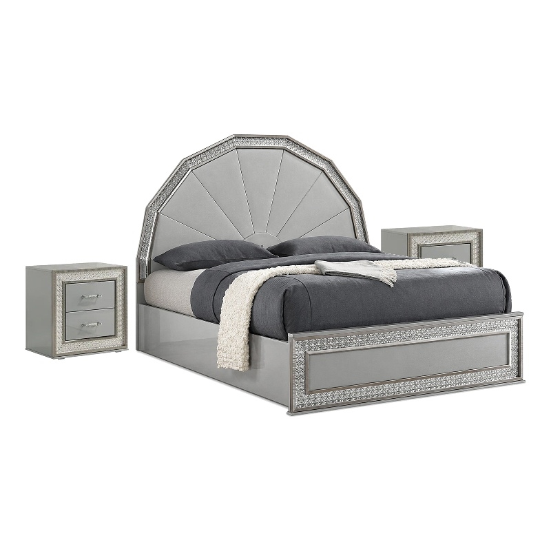 3pc King Bedroom Set- Metallic Gray- Silver Wood- 2 Nightstands