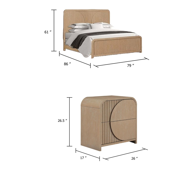 2pc King Bedroom Set- Natural Brown Wood- Nightstand