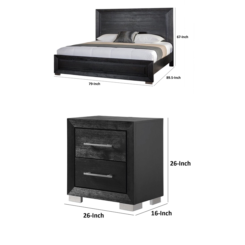 3pc King Bedroom Set- Black- Chrome- Nickel Wood- 2 Nightstands