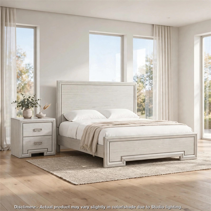 2pc King Bedroom Set- Rustic White- White- Nickel Wood- Nightstand
