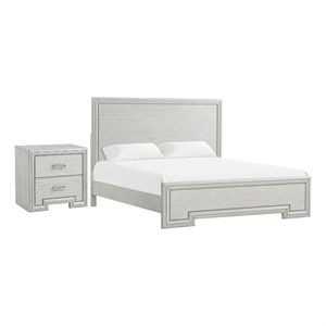 2pc King Bedroom Set- Rustic White- White- Nickel Wood- Nightstand