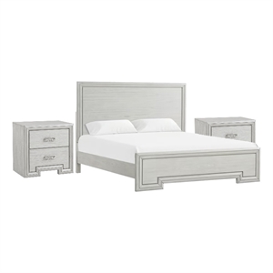 3pc King Bedroom Set- Rustic White- White- Nickel Wood- 2 Nightstands