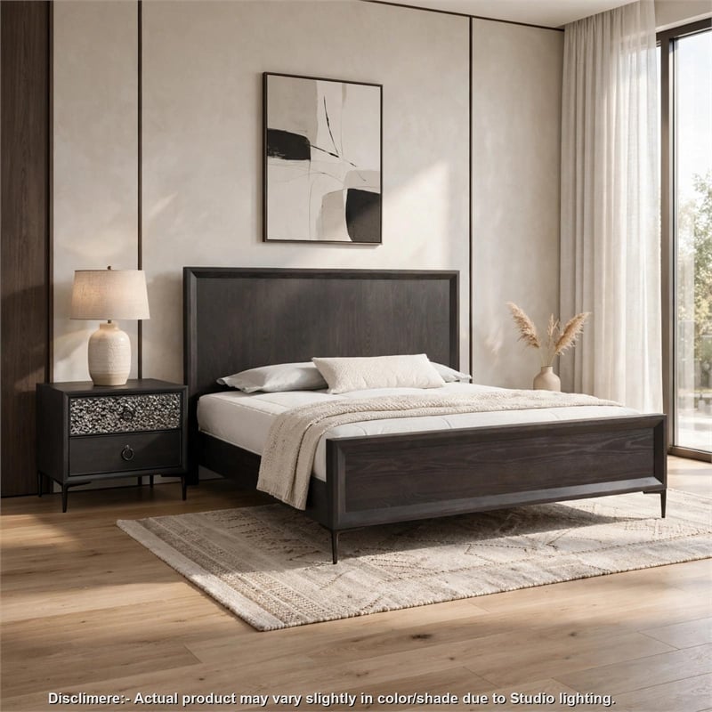 2pc King Bedroom Set- Espresso Brown- Silver- Black Wood- Nightstand