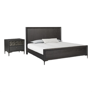 2pc King Bedroom Set- Espresso Brown- Silver- Black Wood- Nightstand