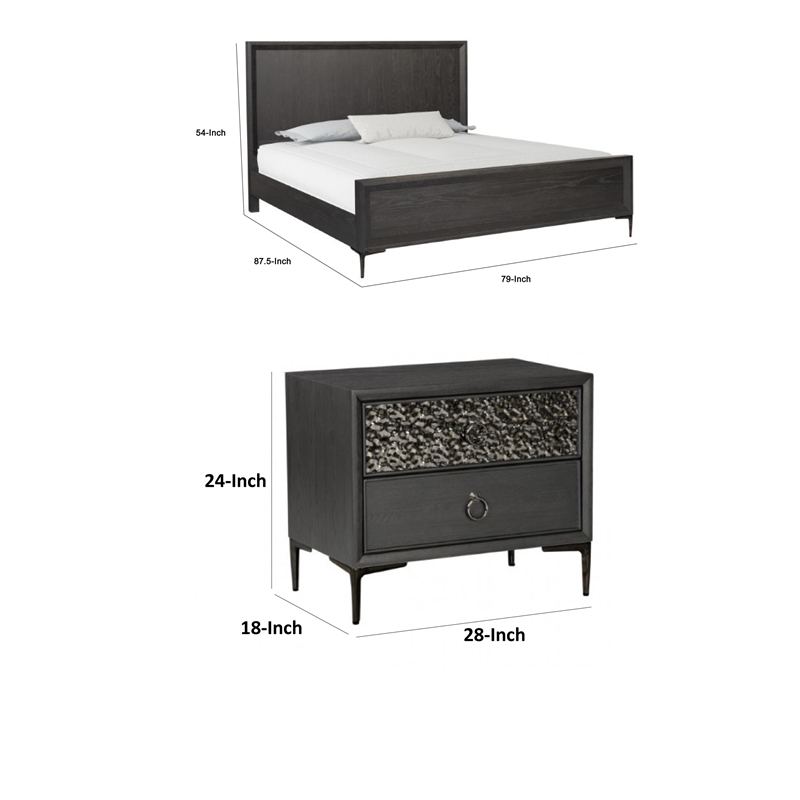 3pc King Bedroom Set- Espresso Brown- Silver- Black Wood- 2 Nightstands