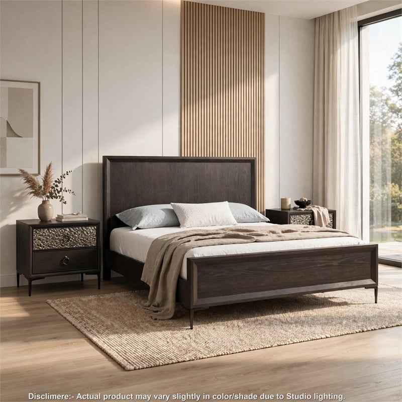 3pc King Bedroom Set- Espresso Brown- Silver- Black Wood- 2 Nightstands