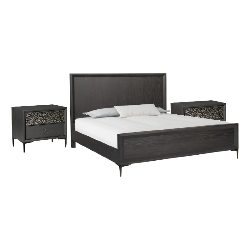 3pc King Bedroom Set- Espresso Brown- Silver- Black Wood- 2 Nightstands