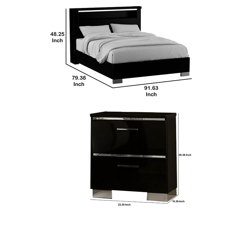 2pc King Bedroom Set- Black- Chrome Wood- Nightstand