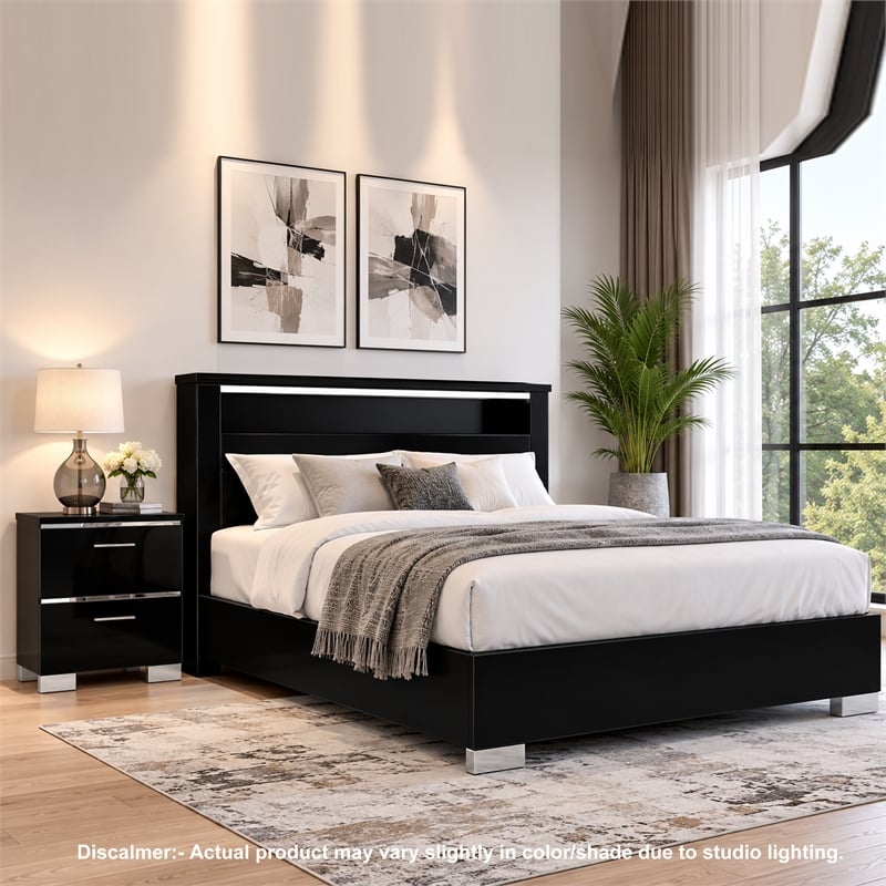 2pc King Bedroom Set- Black- Chrome Wood- Nightstand