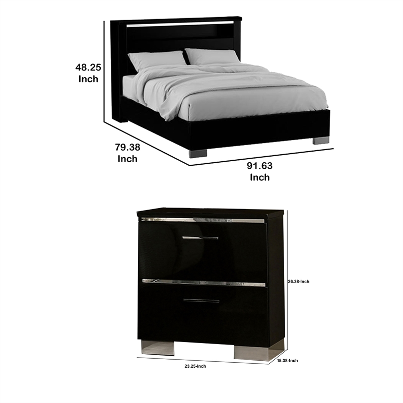 3pc King Bedroom Set- Black- Chrome Wood- 2 Nightstands