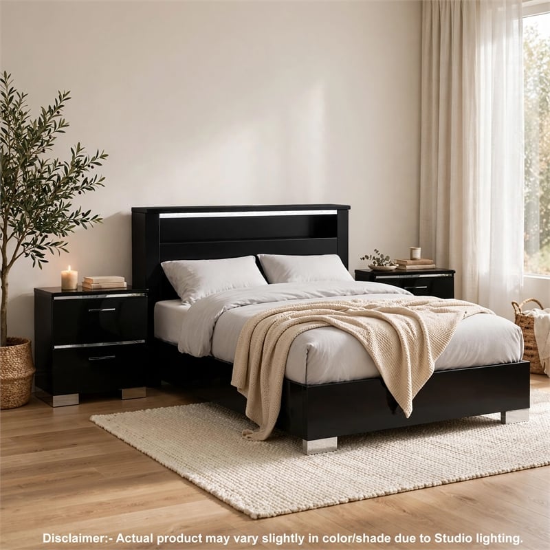 3pc King Bedroom Set- Black- Chrome Wood- 2 Nightstands