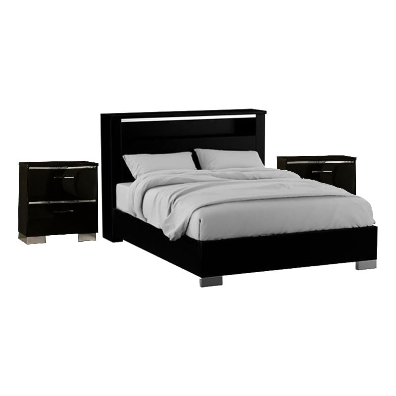 3pc King Bedroom Set- Black- Chrome Wood- 2 Nightstands