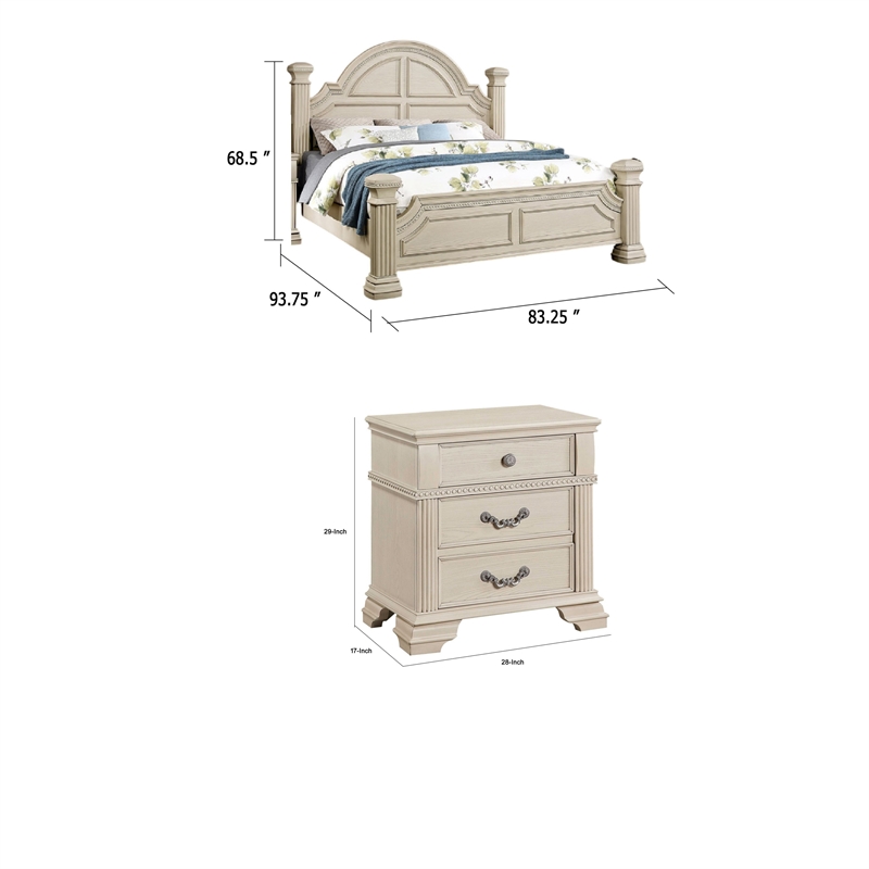 2pc King Bedroom Set- Antique White Wood- Nightstand