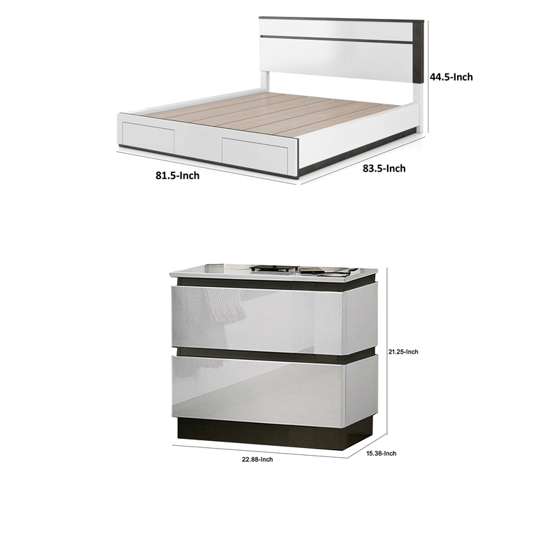 2pc King Bedroom Set- White- Metallic Gray Wood- Nightstand