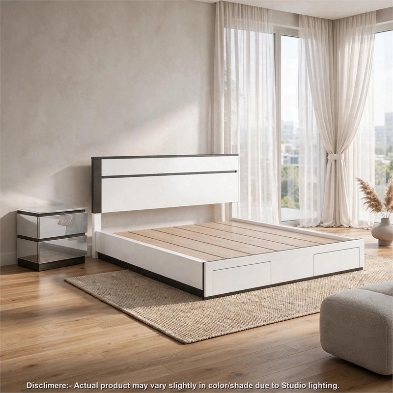 2pc King Bedroom Set- White- Metallic Gray Wood- Nightstand