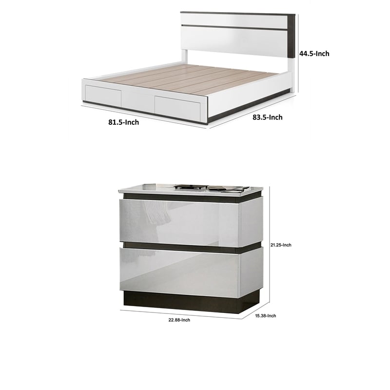 3pc King Bedroom Set- White- Metallic Gray Wood- 2 Nightstands