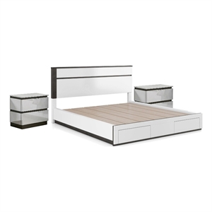 3pc King Bedroom Set- White- Metallic Gray Wood- 2 Nightstands