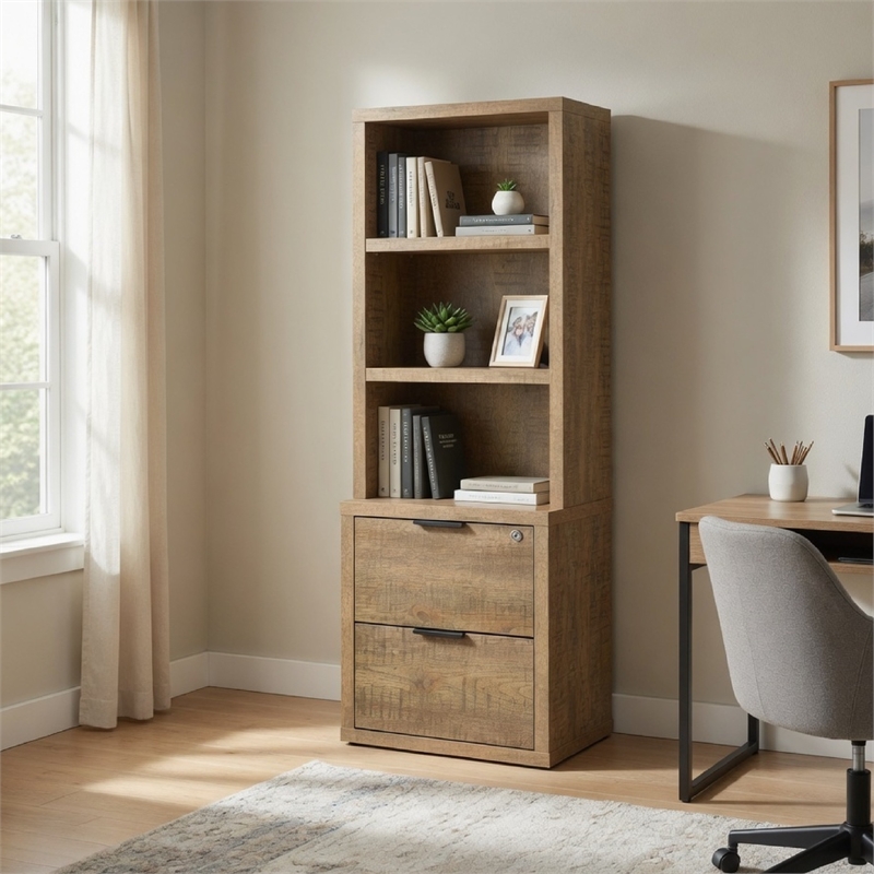Park Bookcase with 3 Open Shelves- 2 Drawers- 61 Inch Natural Brown