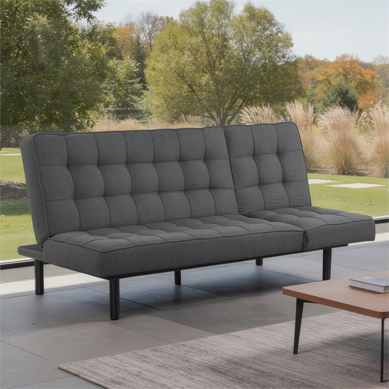 Convertible Futon Sofa Bed- Biscuit Tufted Cushions- Dark Gray 81 Inch