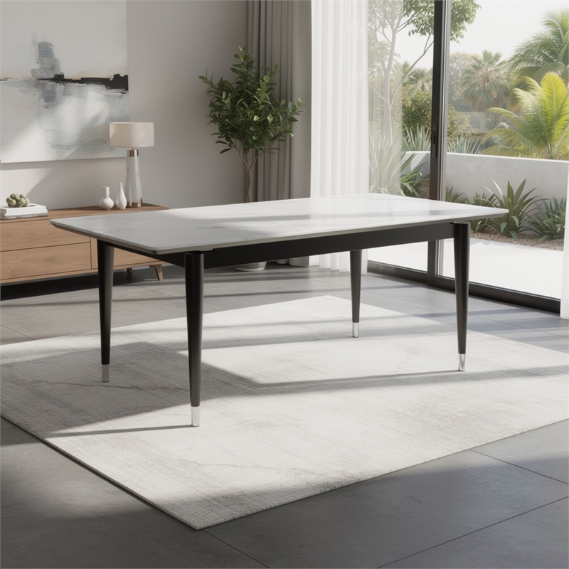 Maddy Dining Table- Sintered Stone Top- Legs w Chrome Caps- Black 71 Inch