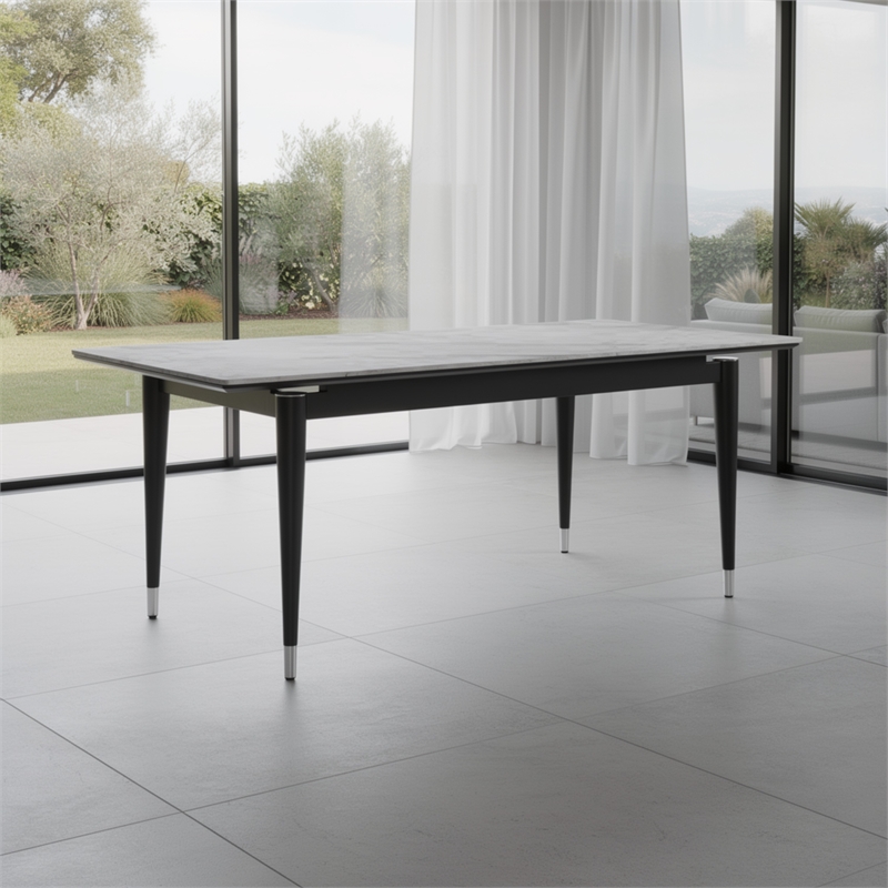 Maddy Dining Table- Sintered Stone Top- Legs w Chrome Caps- Black 71 Inch