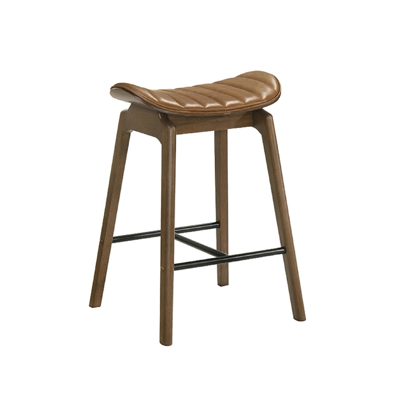 Amal Counter Height Stool Set of 2- Saddle Faux Leather Seat- Walnut Brown