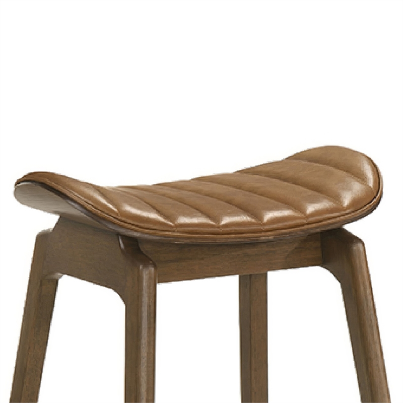 Amal Counter Height Stool Set of 2- Saddle Faux Leather Seat- Walnut Brown