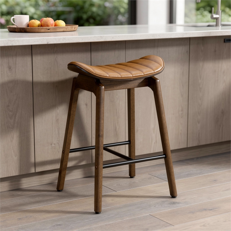 Amal Counter Height Stool Set of 2- Saddle Faux Leather Seat- Walnut Brown
