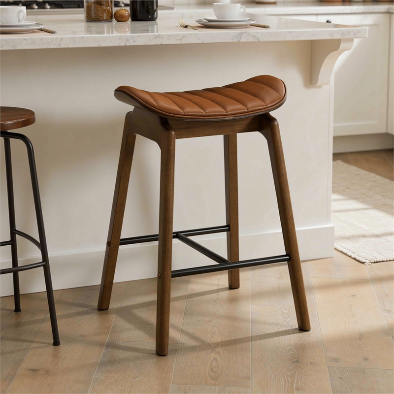 Amal Counter Height Stool Set of 2- Saddle Faux Leather Seat- Walnut Brown