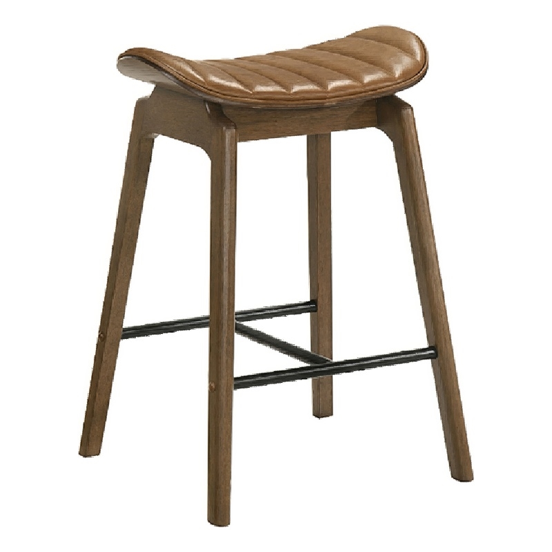 Amal Counter Height Stool Set of 2- Saddle Faux Leather Seat- Walnut Brown