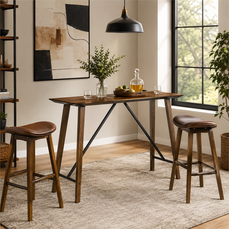 Amal Counter Height Table- Trestle Base w Cross Bar- Walnut Brown 59 Inch