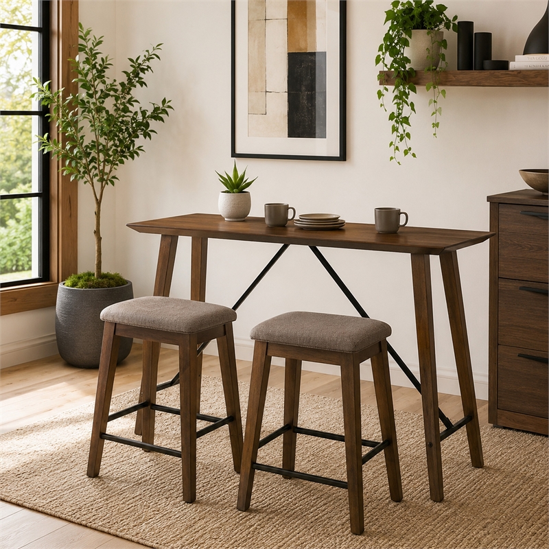 Amal Counter Height Table- Trestle Base w Cross Bar- Walnut Brown 59 Inch
