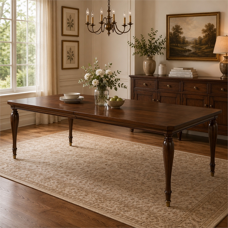 Raam Extendable Dining Table- Turned Legs- Cherry Brown 76-94 Inch