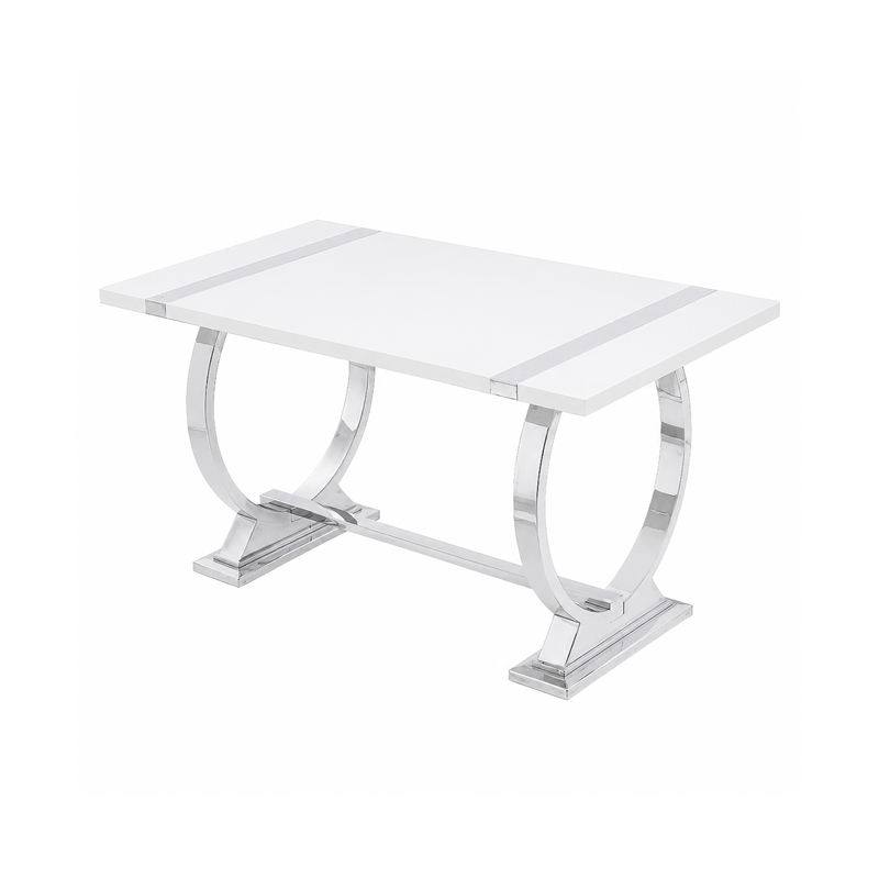 Hols Dining Table- Silver Banding on White Top- O-Shaped Steel Legs 60 Inch