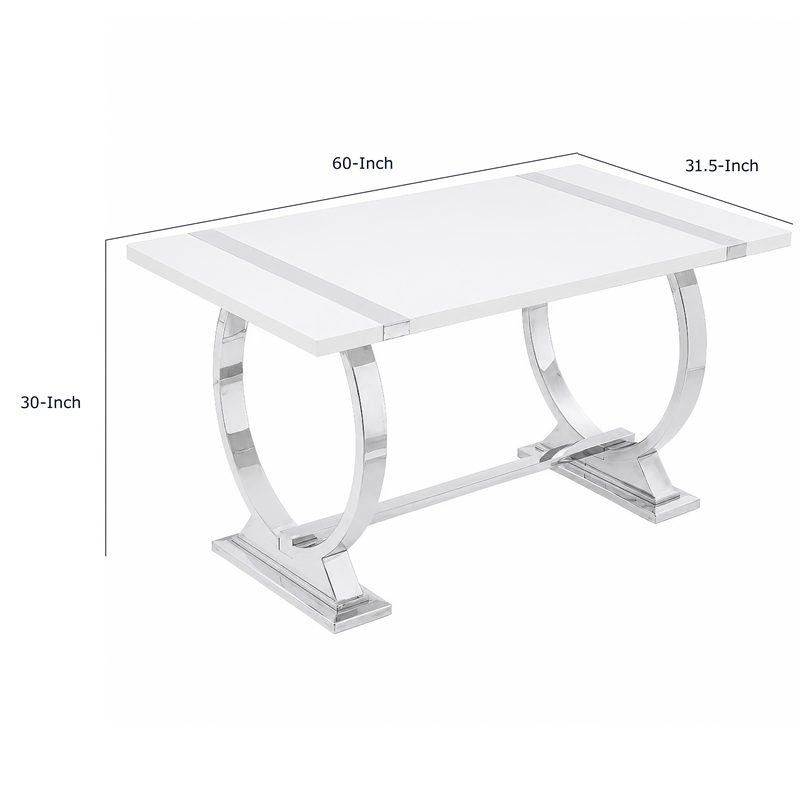 Hols Dining Table- Silver Banding on White Top- O-Shaped Steel Legs 60 Inch